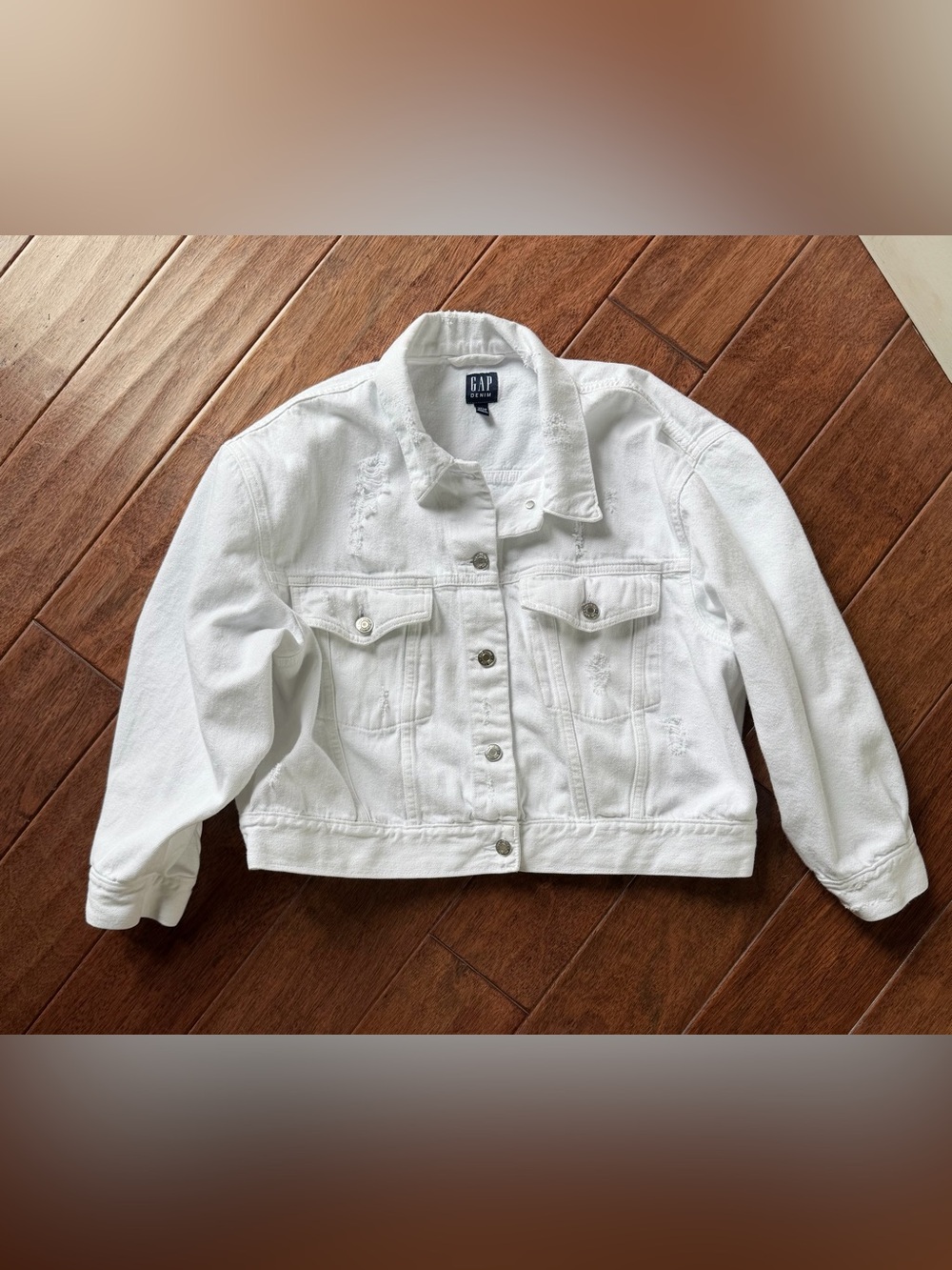 GAP White Distressed Cropped Denim Jacket XL | Classic Trucker | Casual Layering